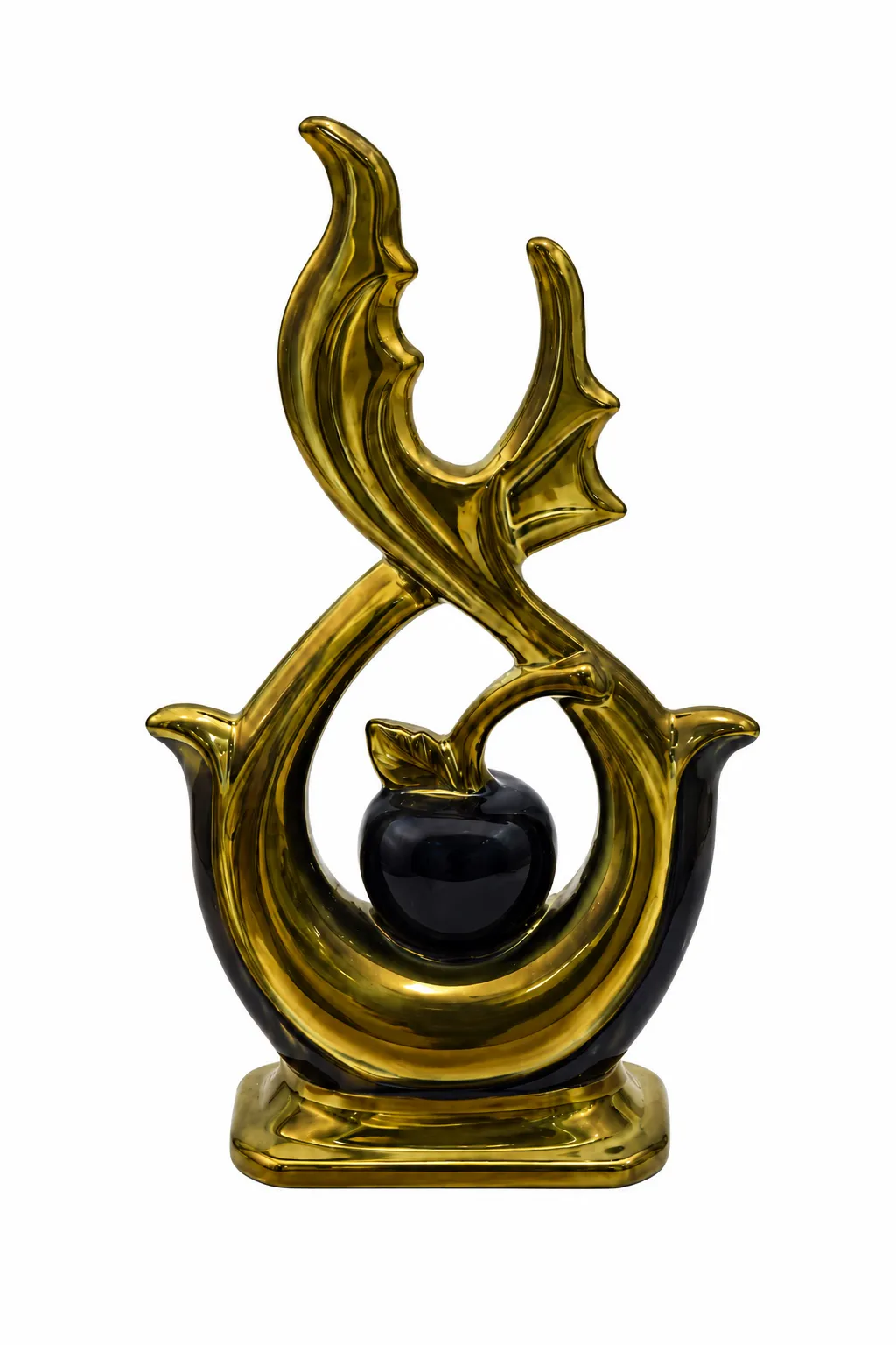 Decorative Golden Flame Tabletop Ornament An elegant abstract ceramic sculpture featuring high-gloss gold metallic flame-like loops framing a central black apple with a leaf, standing on a round wood-grain accent pedestal table