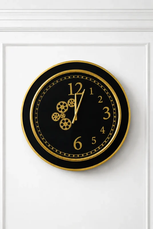Black and gold luxury wall clock with decorative gear design and modern round frame mounted on a marble-textured wall.