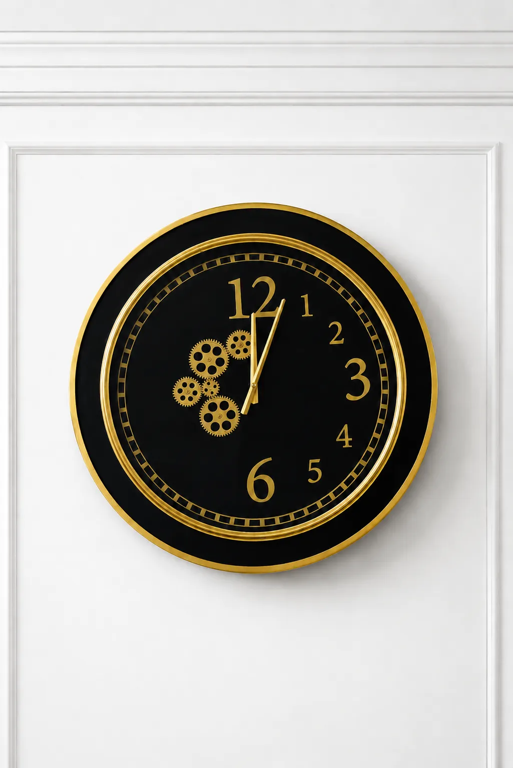 Luxury Black & Gold Decorative Wall Clock with Gear Design – Modern Silent Wall Timepiece Black and gold luxury wall clock with decorative gear design and modern round frame mounted on a marble-textured wall.