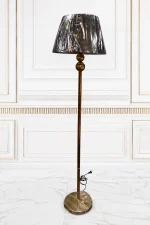 Modern black and gold floor lamp with patterned black fabric shade and marble base, perfect for luxury living room, bedroom, office, and contemporary home décor.