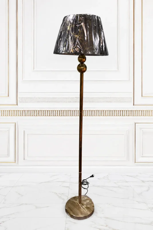 Modern black and gold floor lamp with patterned black fabric shade and marble base, perfect for luxury living room, bedroom, office, and contemporary home décor.