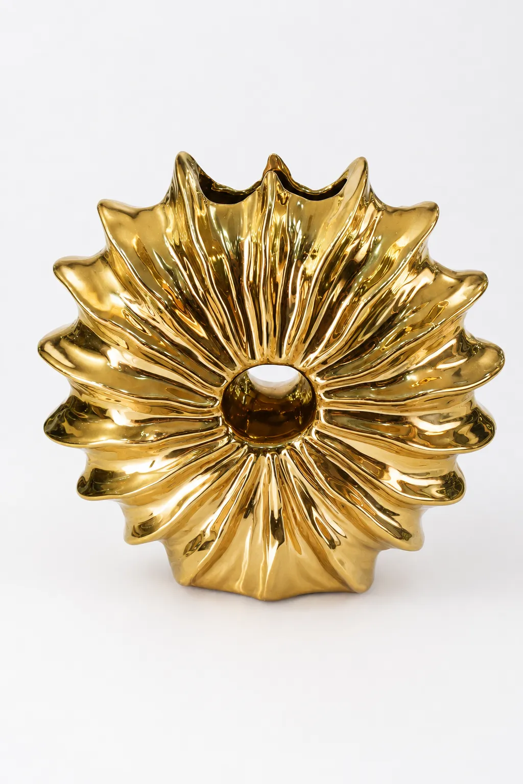 Luxury Gold Ceramic Flower Vase | Modern Floral-Inspired Decorative Vase for Home Décor Luxury gold ceramic flower-shaped vase with a sculptural floral design displayed on a wooden table.