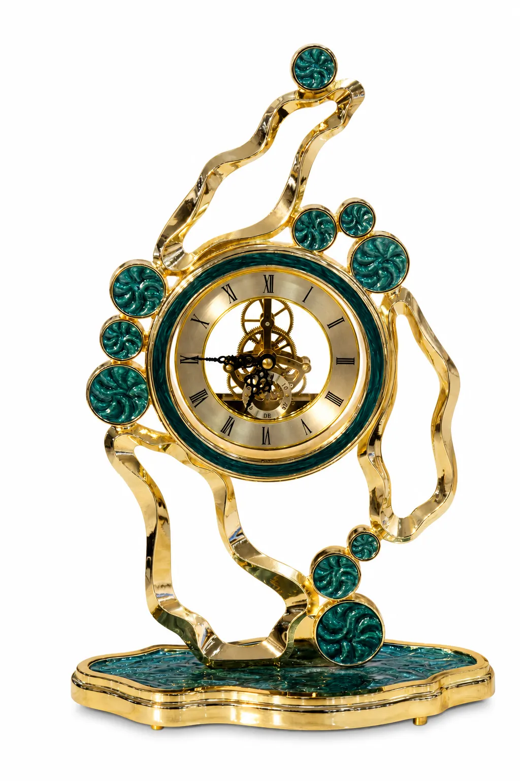 Luxury Green & Gold Skeleton Table Clock – Modern Decorative Desk Clock Luxury green and gold skeleton table clock with Roman numeral dial and decorative metal frame for elegant home and office décor.