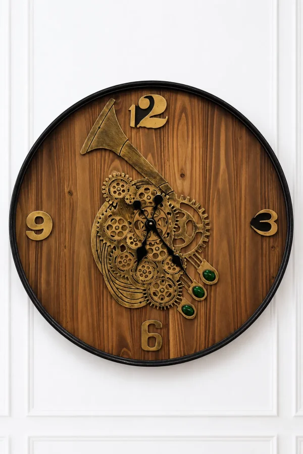Steampunk decorative wall clock featuring antique gold gears