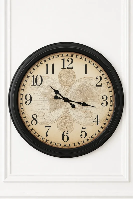 Vintage world map wall clock with antique-style cartography design
