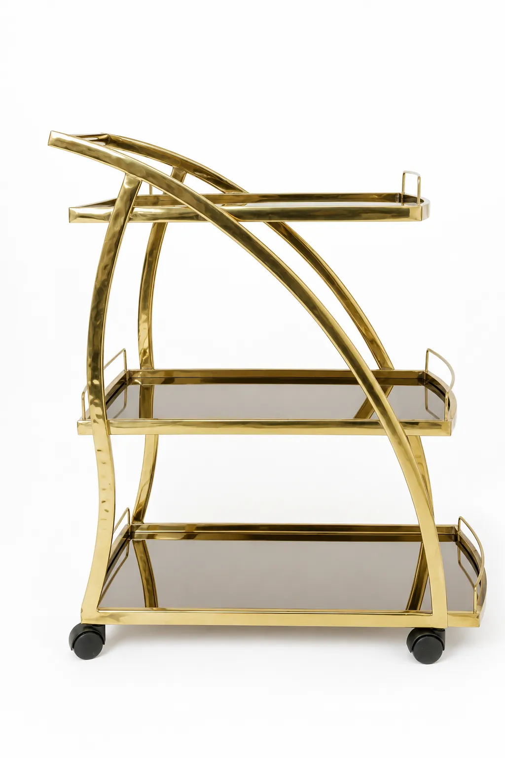 Modern Luxury Gold 3-Tier Bar Cart – Elegant Rolling Serving Trolley with Mirrored Glass Shelves Modern luxury gold 3-tier bar cart with curved metallic supports, dark tinted mirrored shelves, and black rolling caster wheels against a white backdrop.