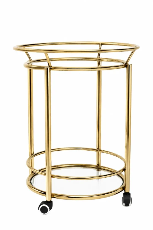 Modern round gold bar cart featuring a two-tier cylindrical frame with clear glass shelves and black rolling caster wheels on a solid white background.