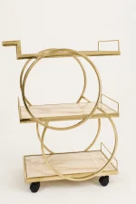 Glamorous geometric gold 3-tier bar cart showcasing an intersecting double circle frame, beige faux-marble shelves, and black rolling caster wheels over a clean white background.