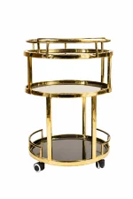 Luxury round gold 3-tier bar cart displaying three circular dark mirrored shelves, a polished brass metal frame, and rolling caster wheels on a pure white background.