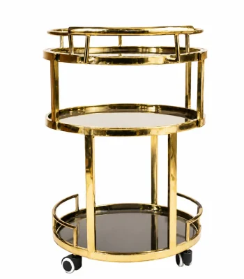 Luxury round gold 3-tier bar cart displaying three circular dark mirrored shelves, a polished brass metal frame, and rolling caster wheels on a pure white background.