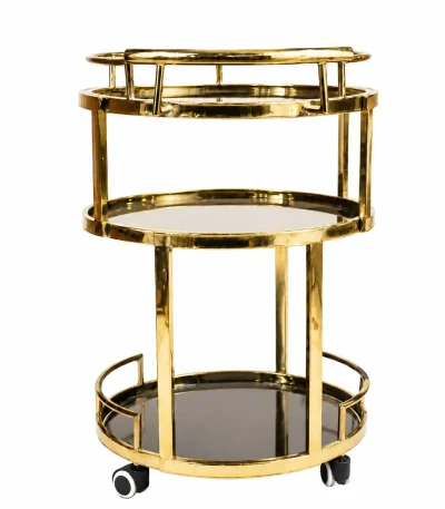 Luxury round gold 3-tier bar cart displaying three circular dark mirrored shelves, a polished brass metal frame, and rolling caster wheels on a pure white background.