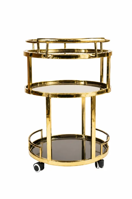 Luxury round gold 3-tier bar cart displaying three circular dark mirrored shelves, a polished brass metal frame, and rolling caster wheels on a pure white background.