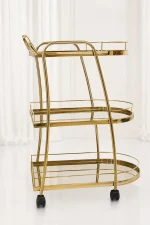 Premium oval gold 3-tier bar cart showcasing an elongated metallic frame, matching gold-mirrored shelves, an integrated push handle, and rolling caster wheels.