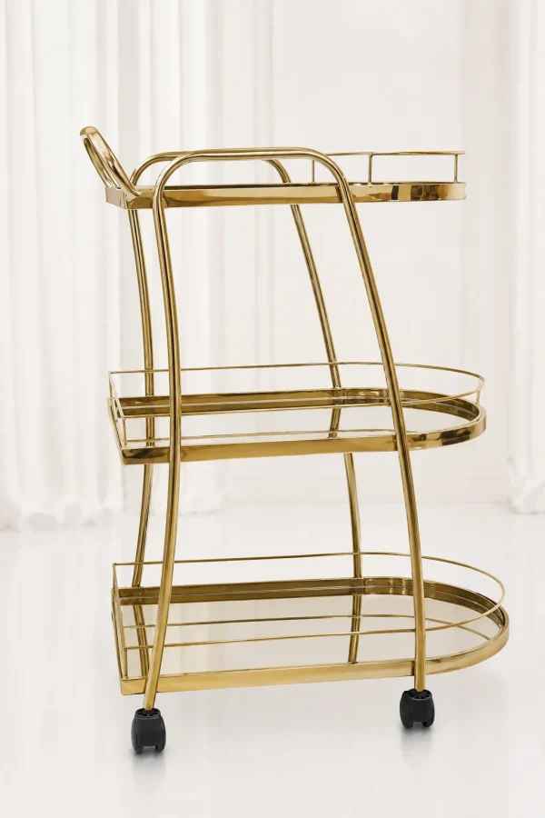 Premium oval gold 3-tier bar cart showcasing an elongated metallic frame, matching gold-mirrored shelves, an integrated push handle, and rolling caster wheels.