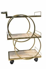 Geometric gold 3-tier drinks trolley featuring an intersecting circular metal frame, polished beige marble-effect shelves, a structured push handle, and black rolling caster wheels.