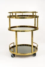 Luxury 3-tier round gold bar cart showcasing three circular dark mirrored shelves, a high-shine brass metal frame, and rolling caster wheels on a solid white backdrop.