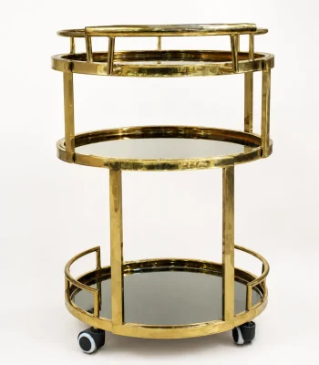Luxury 3-tier round gold bar cart showcasing three circular dark mirrored shelves, a high-shine brass metal frame, and rolling caster wheels on a solid white backdrop.