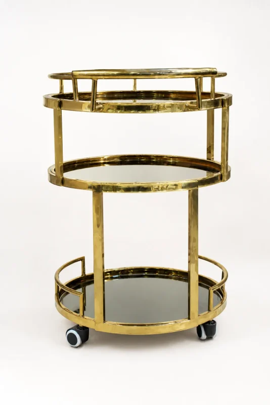 Luxury 3-tier round gold bar cart showcasing three circular dark mirrored shelves, a high-shine brass metal frame, and rolling caster wheels on a solid white backdrop.
