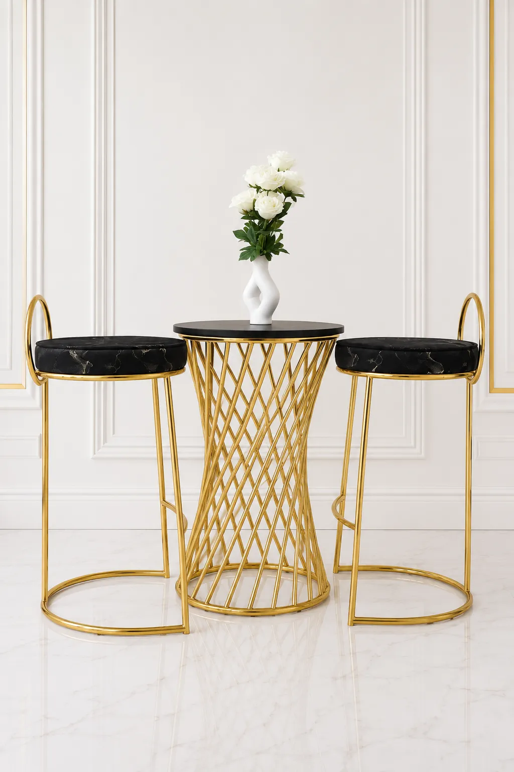 Aura 3-Piece Luxury Bistro Bar Set – Gold Hourglass Table and 2 Black Marble Velvet Stools Luxury 3-piece bar bistro set featuring a round black table with a gold woven hourglass base, flanked by two gold bar stools with round black marble-patterned velvet cushions, set against a white paneled wall.