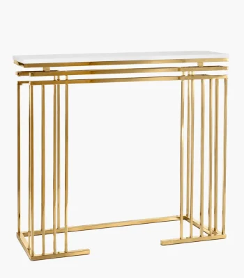 A modern rectangular console table featuring a polished gold metal frame made of vertical rod pillars and a sleek white tabletop, isolated against a white background.