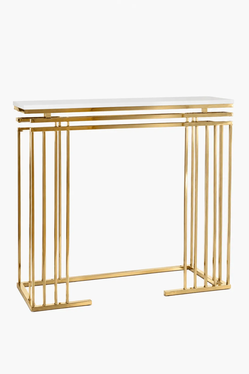Aura Modern Art Deco Gold Console Table with White Faux-Marble Top A modern rectangular console table featuring a polished gold metal frame made of vertical rod pillars and a sleek white tabletop, isolated against a white background.