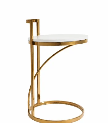 A modern luxury C-shaped side table featuring an asymmetrical polished gold metal frame with an arch support, a round white tabletop, and a circular base ring, isolated against a white background