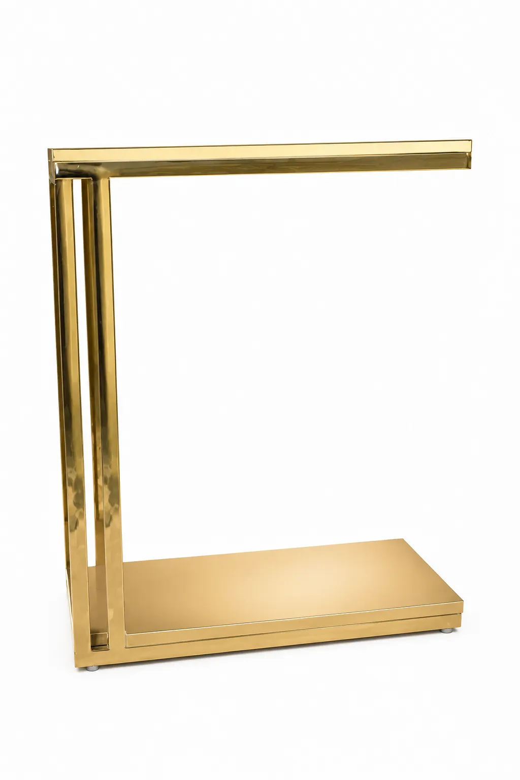 Aura Luxury All-Gold C-Shaped Side Table – Modern Minimalist Sofa Accent Table A modern minimalist C-shaped side table crafted entirely from polished gold metal with dual vertical pillars and a rectangular base, isolated against a white background.