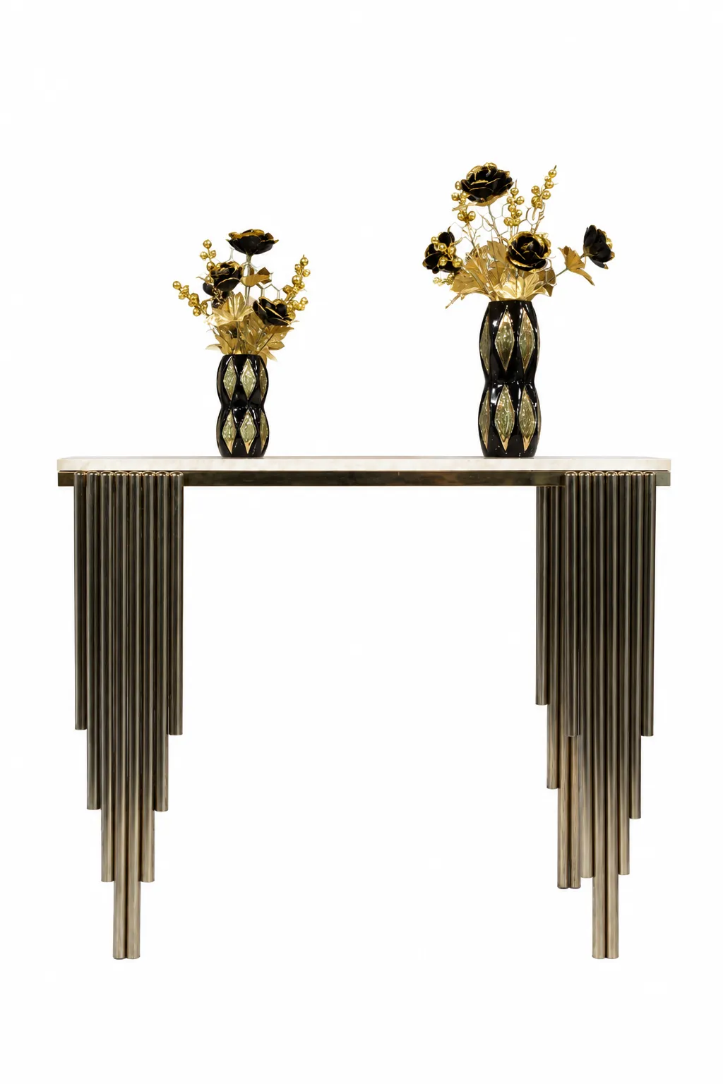 Luxury Fluted Metal Console Table with White Marble Top – Modern Stepped Pipe Pedestal Accent Table for Entryway, Foyer, and Living Room A modern luxury console table with a polished white marble top and a unique pedestal base made from clustered, stepped vertical metal pipes, styled with two black and gold decorative vases against a solid white background.