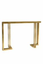 Modern gold console table with a polished metallic finish and a geometric, multi-bar vertical frame on a white background.