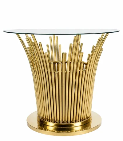 Luxury modern round coffee table featuring a clear tempered glass top and a unique urn-shaped base made of polished gold vertical metal rods against a pure white background.