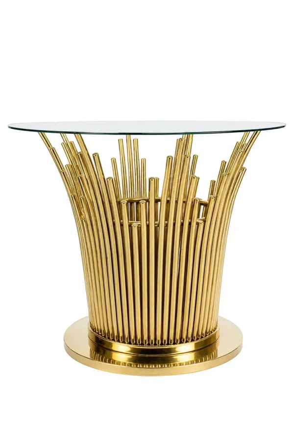Luxury modern round coffee table featuring a clear tempered glass top and a unique urn-shaped base made of polished gold vertical metal rods against a pure white background.