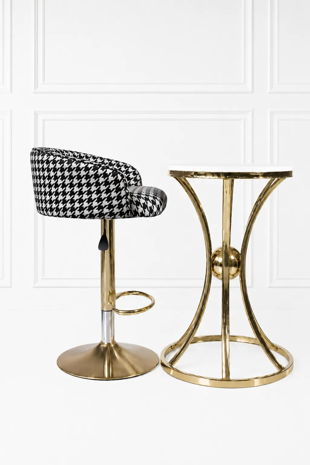 Luxury Gold Adjustable Bar Stool with White Marble Top Bistro Table | Houndstooth Upholstered Counter Height Set Modern gold bar stool with white marble top bistro table