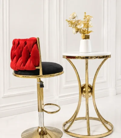 Red velvet swivel bar stool with gold stainless steel base