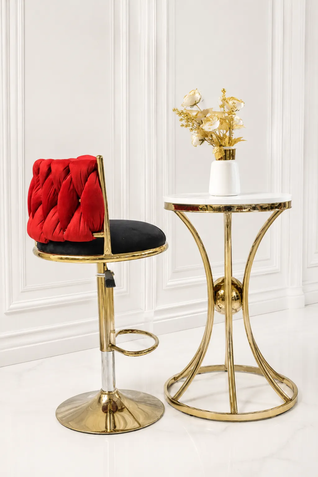 Luxury Red Velvet Adjustable Bar Stool with Gold Bistro Table | White Marble Top Counter Height Set Red velvet swivel bar stool with gold stainless steel base