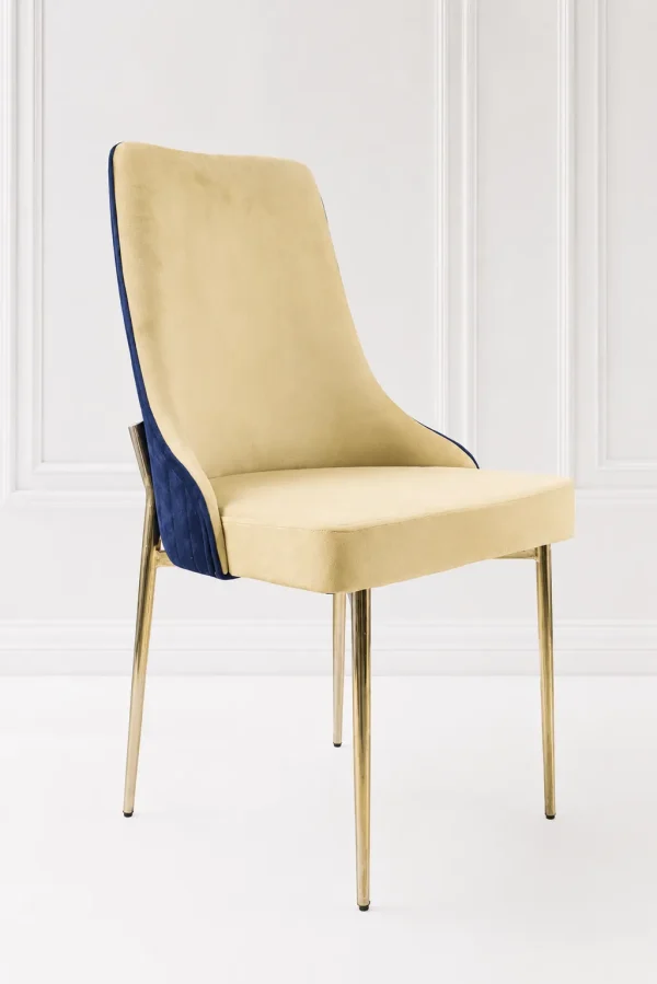 Modern velvet dining chair from featuring a dual-tone beige and navy blue upholstered seat supported by slim polished gold leg