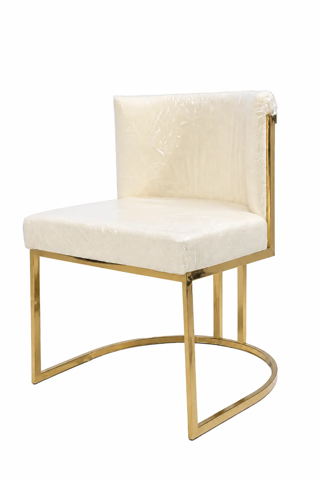 Modern Luxury Velvet Accent Chair with Circular Gold Base – Premium Cream Upholstery Modern accent chair featuring premium cream upholstered seat and a geometric polished gold metal frame base against a white background.