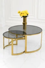 Luxury modern nesting coffee table set featuring round dark smoked glass tops and open crescent polished gold metal frames, displayed against a white background.