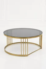 Modern round coffee table featuring a clear dark smoked glass top and an open-back crescent base with polished gold vertical accent bars against a white background.