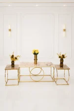 Luxury matching living room table set featuring a rectangular marble coffee table and two square end tables with gold interlocking ring bases against a paneled wall