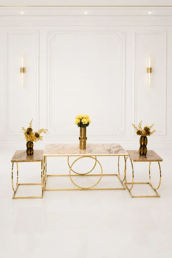 Luxury matching living room table set featuring a rectangular marble coffee table and two square end tables with gold interlocking ring bases against a paneled wall