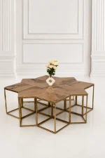 Multiple diamond-shaped tables with brown marble tops and gold frames interlocked to form a large star-shaped coffee table with a white flower vase in the center.