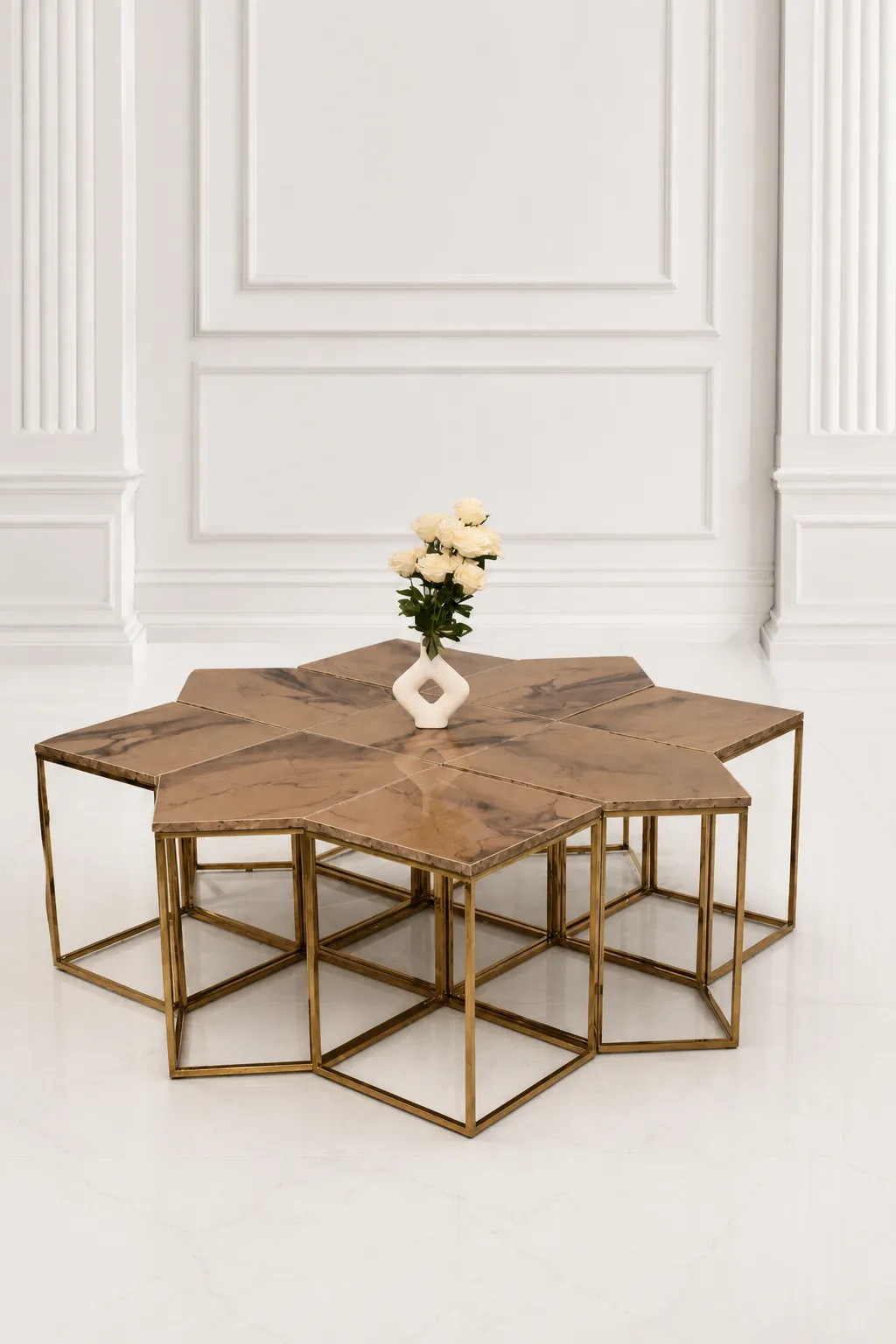 Luxury Modular Star Configuration Diamond Marble Coffee Table Set with Gold Bases Multiple diamond-shaped tables with brown marble tops and gold frames interlocked to form a large star-shaped coffee table with a white flower vase in the center.