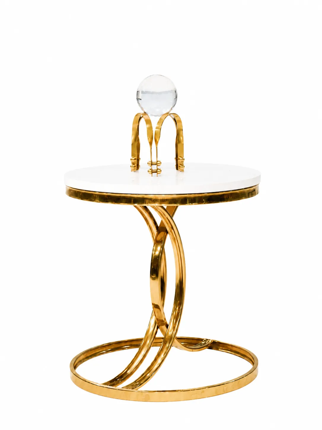 Luxury Round White Accent Table with Sculptural Gold Intertwining Twist Base A luxury round white accent table featuring a thick polished gold rim and an artistic intertwining gold twist base on a solid white background.