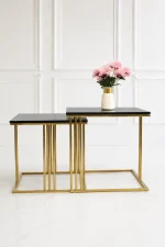 Set of two square black marble nesting side tables with polished gold multi-rod stainless steel frames holding a white flower vase