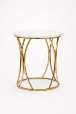 Elevate your living room with this luxury round white marble side table. Featuring a polished stone top and an interlocking gold hourglass base.