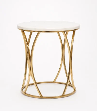 Elevate your living room with this luxury round white marble side table. Featuring a polished stone top and an interlocking gold hourglass base.