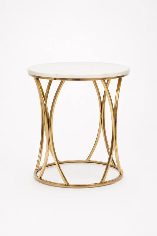 Elevate your living room with this luxury round white marble side table. Featuring a polished stone top and an interlocking gold hourglass base.