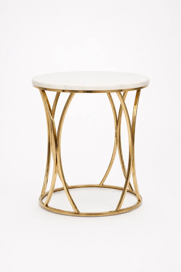 Elevate your living room with this luxury round white marble side table. Featuring a polished stone top and an interlocking gold hourglass base.