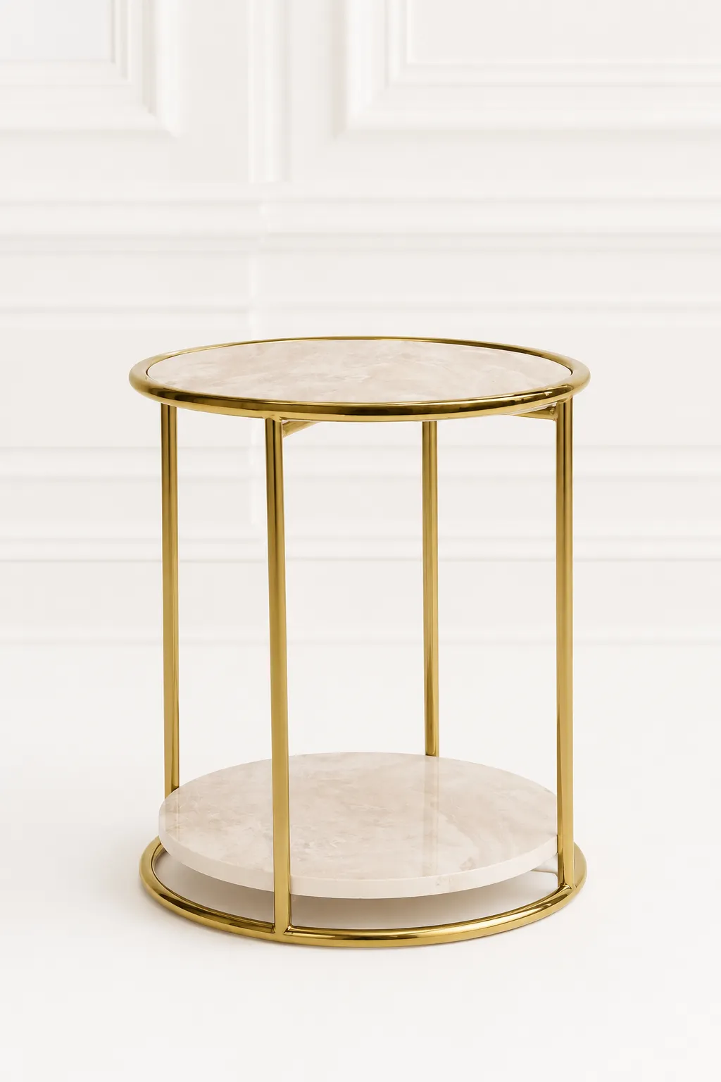 Luxury Round Marble Side Table with Gold Frame – Modern End Table Modern round marble side table with gold frame displayed against a clean, white minimalist paneled wall backdrop in file