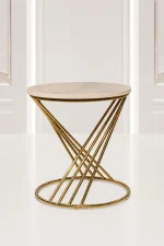 Luxury round marble top side table with gold twist base in an hourglass design